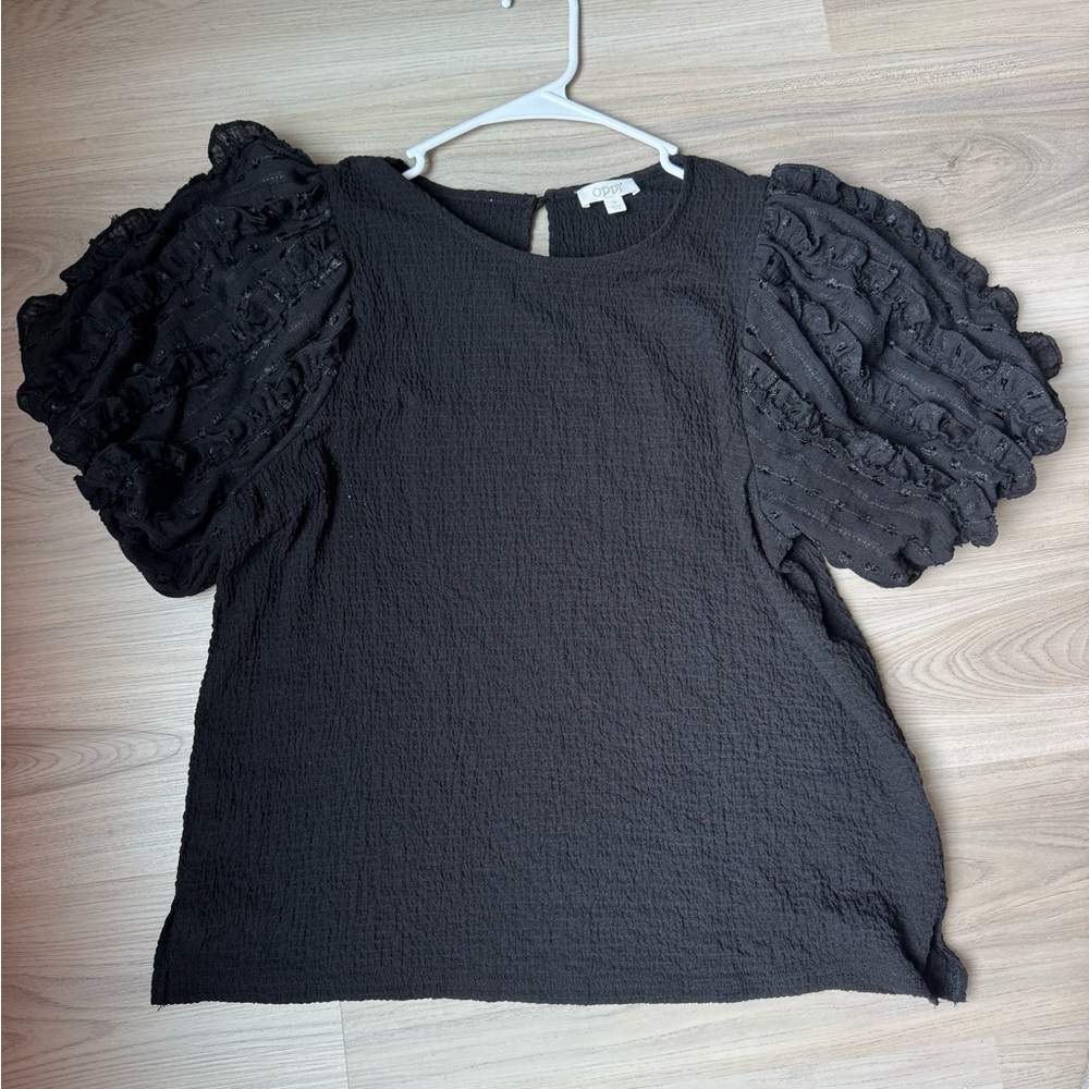 ODDY Black Textured Blouse with Ruffle Sleeves